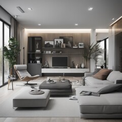 Fototapeta na wymiar Living room in a bright modern house open floor plan minimalist style.