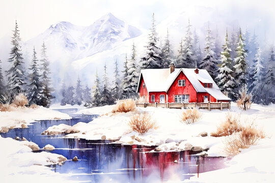 Watercolor house in winter forest