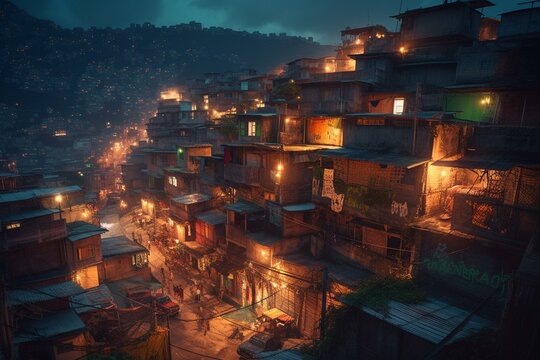 Dystopian Rio de Janeiro's cyberpunk favela portrayed in an intense cinematic scene. Generative AI