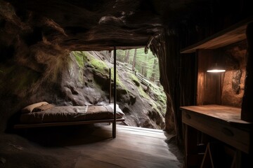 A cabin made of wood nestled within the depths of a cave. Generative AI