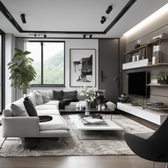 Fototapeta premium Living room in a bright modern house open floor plan minimalist style.