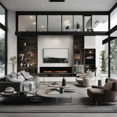 Living room in a bright modern house open floor plan minimalist style.