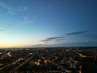 Aerial View of Illuminated British Downtown View of Luton City, England UK. Image Captured After sunset over United Kingdom with Drone's Camera