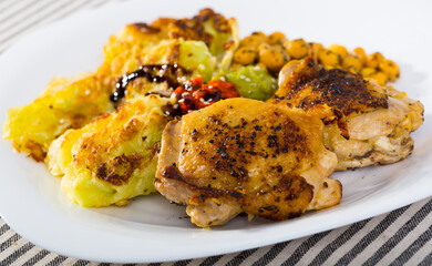 Homemade fried chicken thighs with garnish of chickpeas, battered cabbage, guacamole and tomato sauce