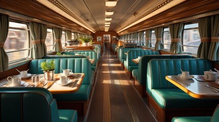 The train interior includes dining cars, offering restaurant-quality services and a variety of meal options for passengers