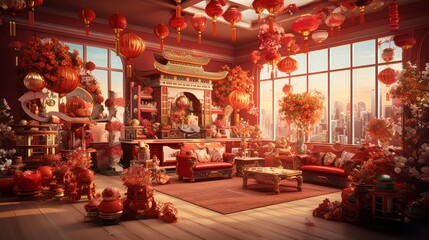 The room is filled with vibrant decorations of red and gold, celebrating the joy and prosperity of Chinese New Year - obrazy, fototapety, plakaty
