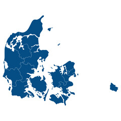 Denmark map with administrative provinces. Map of Denmark in blue 