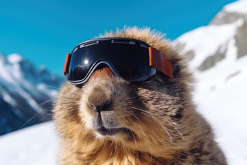Funny face of a marmot with sunglasses