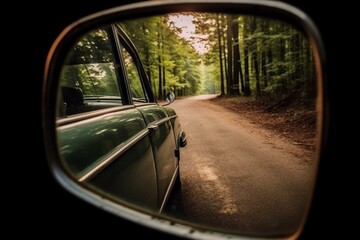 a car's reflection in the rearview mirror. Generative AI