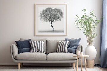 A cozy living room area with grey couch