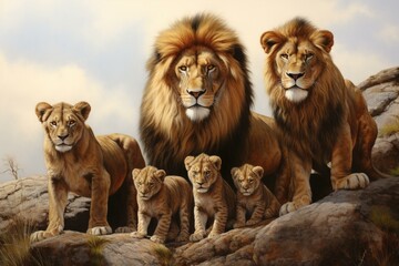 A group of majestic lions gathered together as a close-knit and strong family in their natural habitat. Generative AI - obrazy, fototapety, plakaty