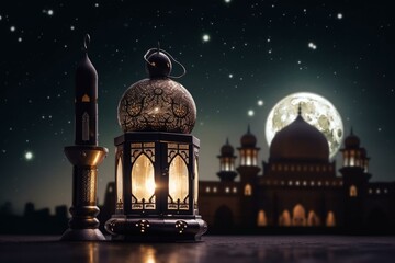 Fototapeta na wymiar Beautiful Ramadan lantern in front of a peaceful mosque against a backdrop of a night sky with a crescent moon. Generative AI
