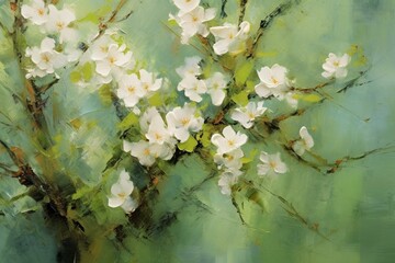 Cherry blossom gently flutters in light yellowish green. Generative AI