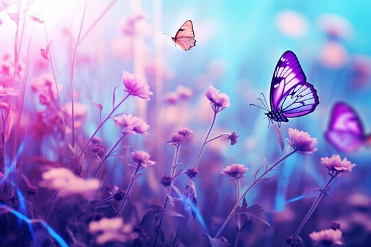Close-up of wild flowers and butterflies in a blue and purple toned natural field. Generative AI
