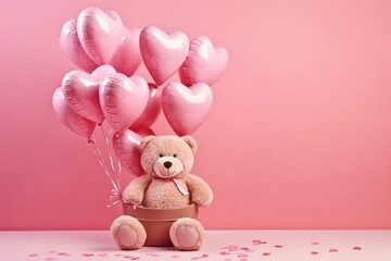 Creative composition of teddy bear and heart balloons on pink background. Minimal Valentine's Day concept. Art, aesthetics. Generative AI