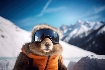 Funny marmot with ski googles in the mountains - obrazy, fototapety, plakaty