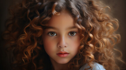 Closeup portrait of a young fresh-faced female child model with dark brown curly hair. Promoting hair products and maintaining health, vibrant hair.