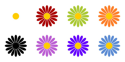 Colorful White Red Green Orange Yellow and Pink Daisy Chamomile Flower Symbol Icon Set. Vector Image.	
