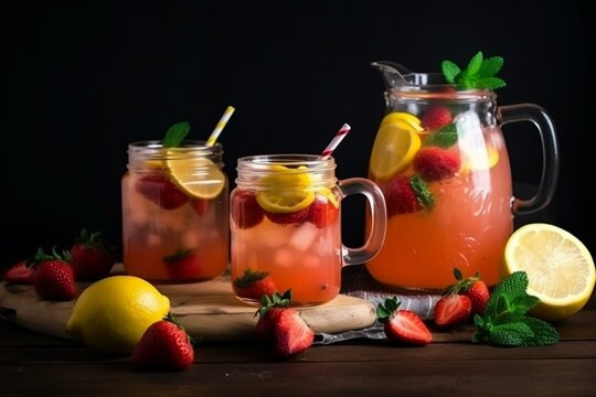 Strawberry lemonade with appetizing food image for menu. Generative AI