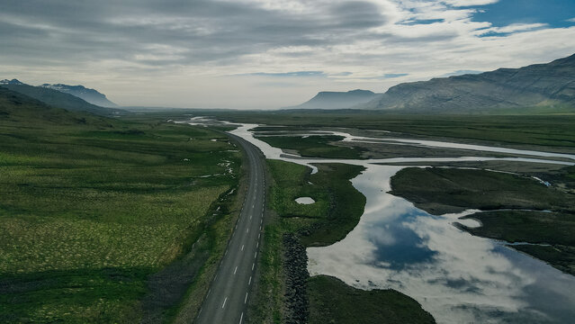 on beautiful road, travel background, aerial scenic landscape from Iceland