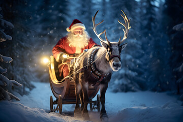 Santa Claus riding on a sleigh pulled by a reindeer in a snowy winter forest at night - obrazy, fototapety, plakaty