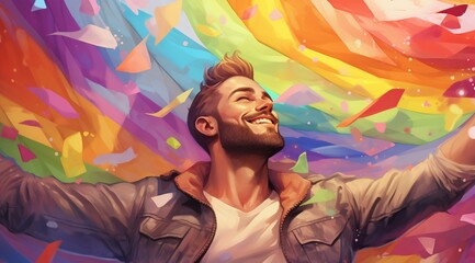 Obraz na płótnie Canvas Joyful Gay Man Celebrating Pride Month with Enthusiasm. Generative ai