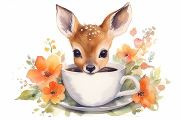 adorable fawn in floral cup, watercolor painting on white background. Generative AI