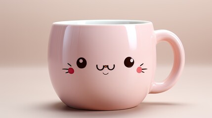 A pink coffee mug with a cute face drawn on it