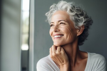 Radiant Middle-Aged Woman Admiring Her Skin's Texture. Generative ai