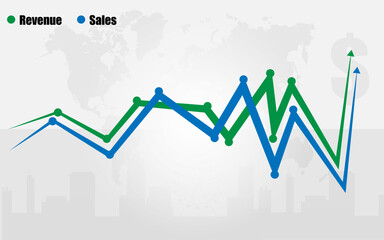 Revenue vs Sales design with arrow showing upwards
