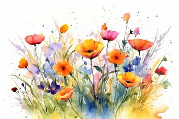 Illustration of vibrant field flowers in watercolor style. Generative AI