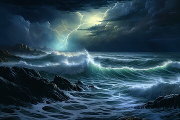 stormy coastline, sea lightning, illuminated waves. Generative AI