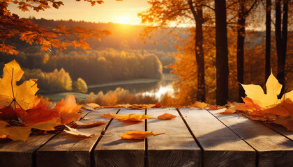 autumn table orange leaves and wooden plank at sunset in forest