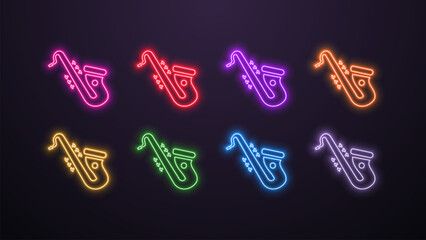 A set of neon bright saxophone icons in the colors blue, yellow, white, green, orange, pink, purple and red on a dark background. - obrazy, fototapety, plakaty