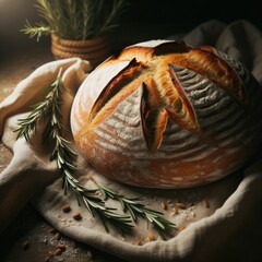 Golden Crusted Bread Loaves on Linen Cloth
