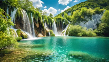 Fotobehang waterfalls with clear water in plitvice national park croatia © Alicia