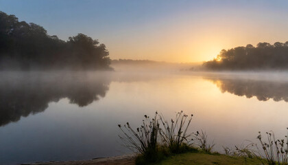 Fototapeta na wymiar misty sunrise over calm lake