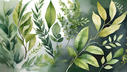 watercolor branches watercolor greens collection texture with greens branches leaves tropical leaves foliage generative ai digital illustration