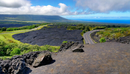 Fototapeta na wymiar mauna ulu lookout chain of craters road hawaii volcanoes national park pahoehoe and a a lava volcanic rock