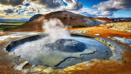 breathtaking boiling mudpots in geothermal area hverir and cracked ground around