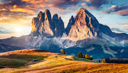 stunning morning scene majestic moutain peak under sunlight alpe di siusi valley during sunset amazing nature landscape awesome natural background incredible colorful scenery dolomites - obrazy, fototapety, plakaty