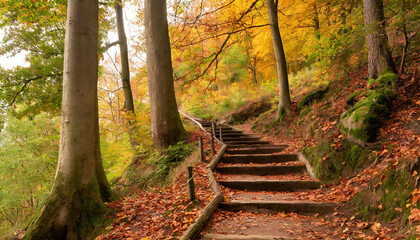 beautiful autumnal forest scene with the winding steps of a footpath leading between mighty old beech trees with autumn colored foliage hohenstein nature reserve suntel weser uplands germany - obrazy, fototapety, plakaty