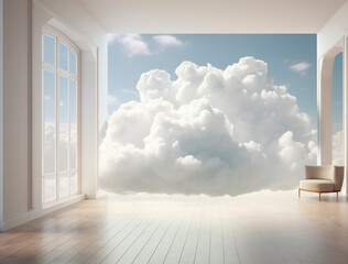 Surrealistic image of cloud inside a residential environment. Cloud in a room of an apartment with a feeling of calm. 3D cloud.