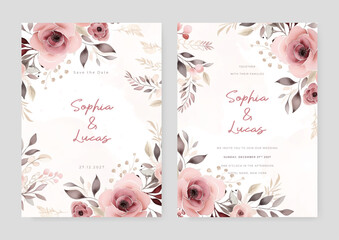 Pink peony beautiful wedding invitation card template set with flowers and floral