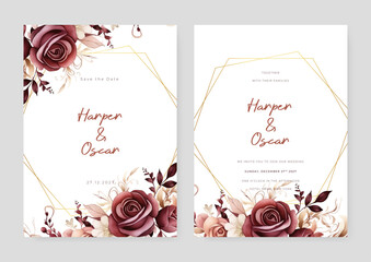 Red and beige rose set of wedding invitation template with shapes and flower floral border