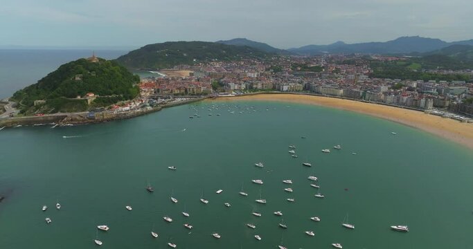 San Sebastian Donostia Spain. Aerial view of the old town center. View of La concha Beach and Bay area