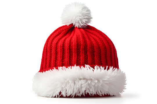 red santa hat with white pompom isolated on white background, Christmas, holidays