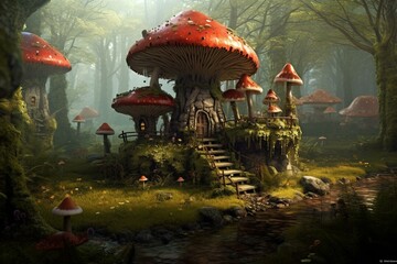 Enchanting mushroom dwelling nestled in a fantasy realm. Generative AI