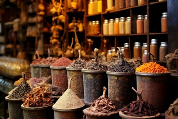 Aromatic old souk with exotic spices. Generative AI