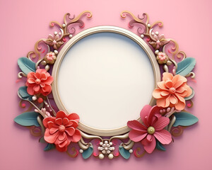 Obraz premium Baroque style circle frame surrended with flowers and leaves soft light with empty background